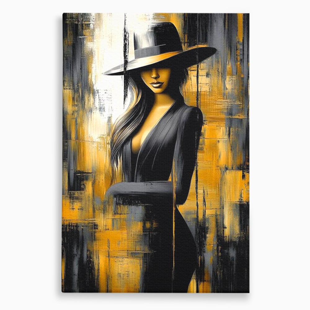 Tablou canvas cu tablou canvas cu silueta feminina si palarie, fara rama, pe sasiu de lemn